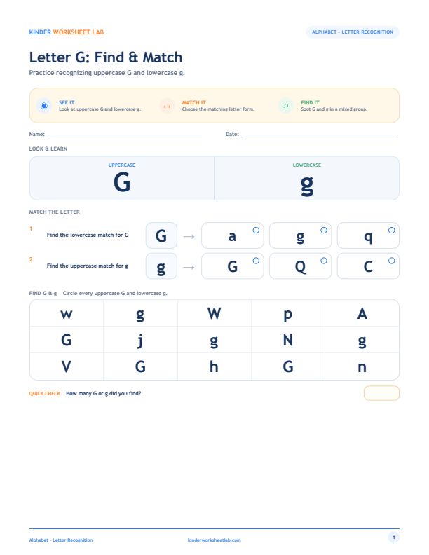 Letter G: Find & Match worksheet preview