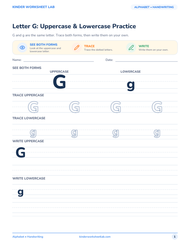 Letter G: Uppercase & Lowercase Practice worksheet preview