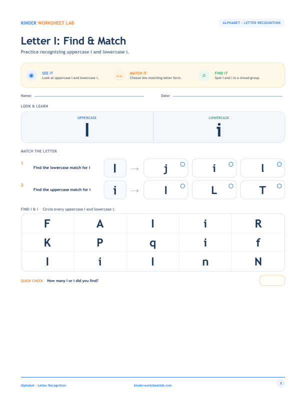 Letter I: Find & Match worksheet preview