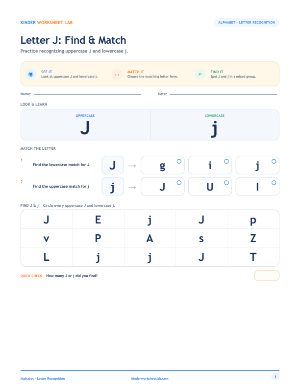 Letter J: Find & Match worksheet preview