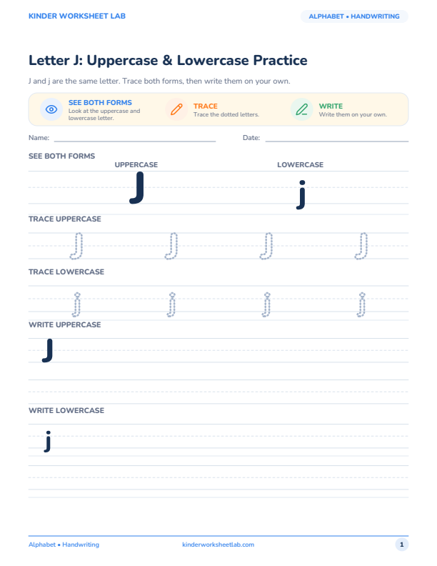 Letter J: Uppercase & Lowercase Practice worksheet preview
