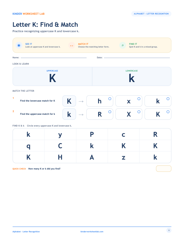 Letter K: Find & Match worksheet preview