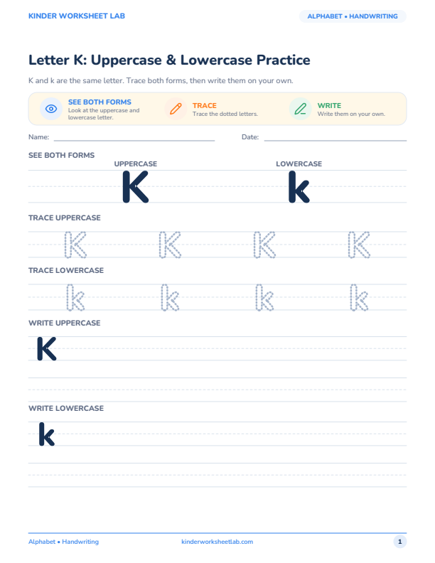 Letter K: Uppercase & Lowercase Practice worksheet preview