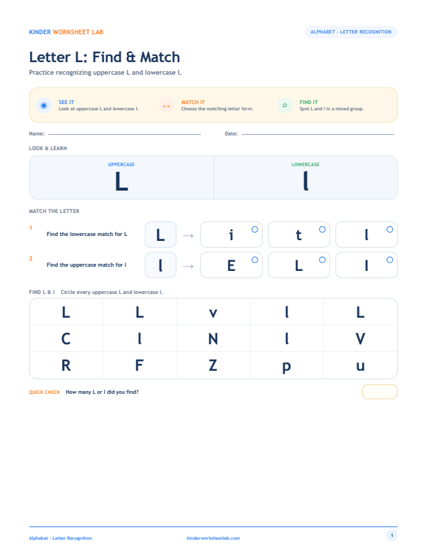 Letter L: Find & Match worksheet preview