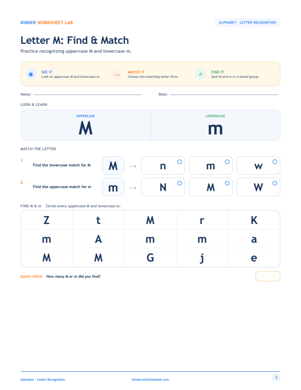 Letter M: Find & Match worksheet preview