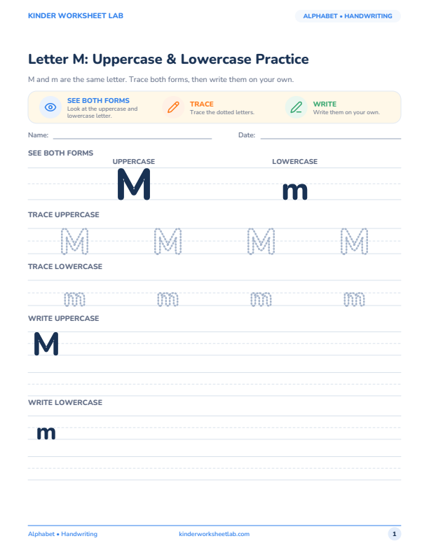Letter M: Uppercase & Lowercase Practice worksheet preview