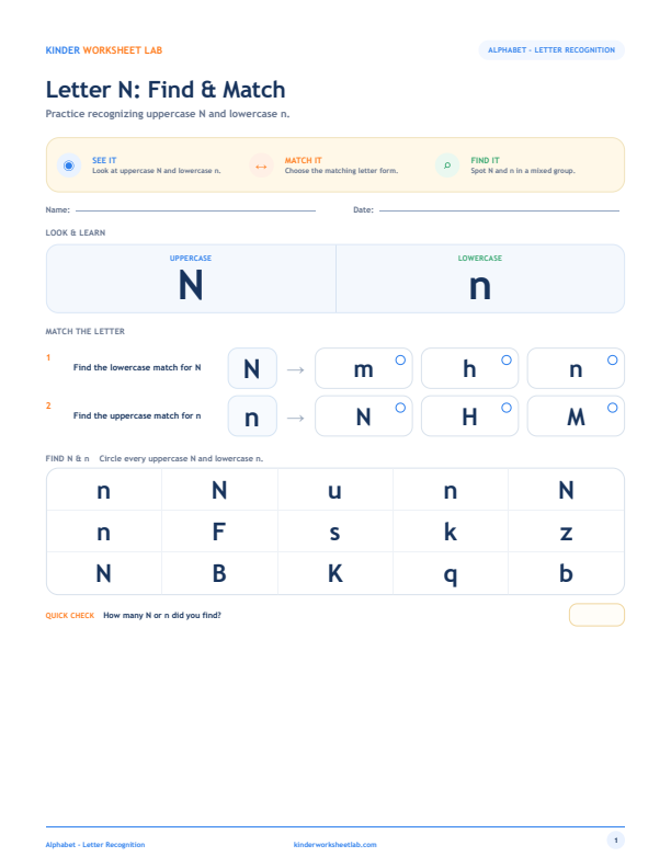 Letter N: Find & Match worksheet preview