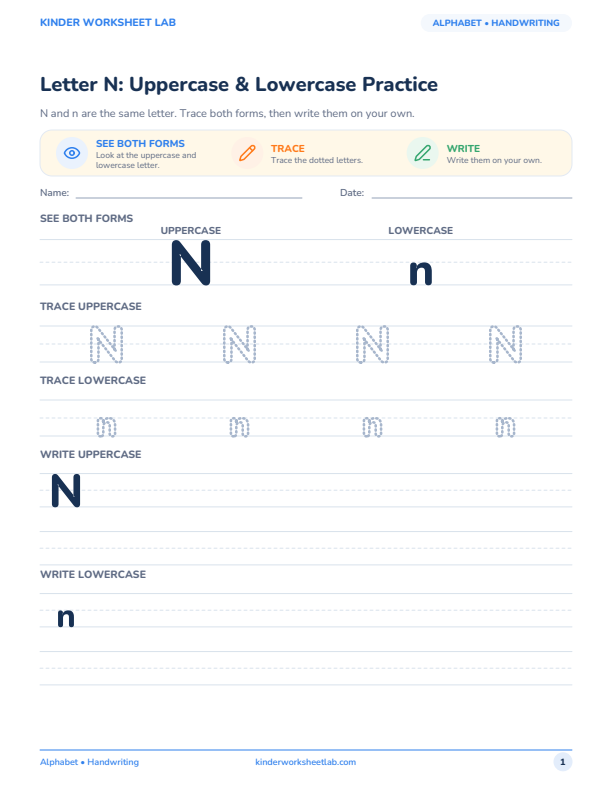 Letter N: Uppercase & Lowercase Practice worksheet preview