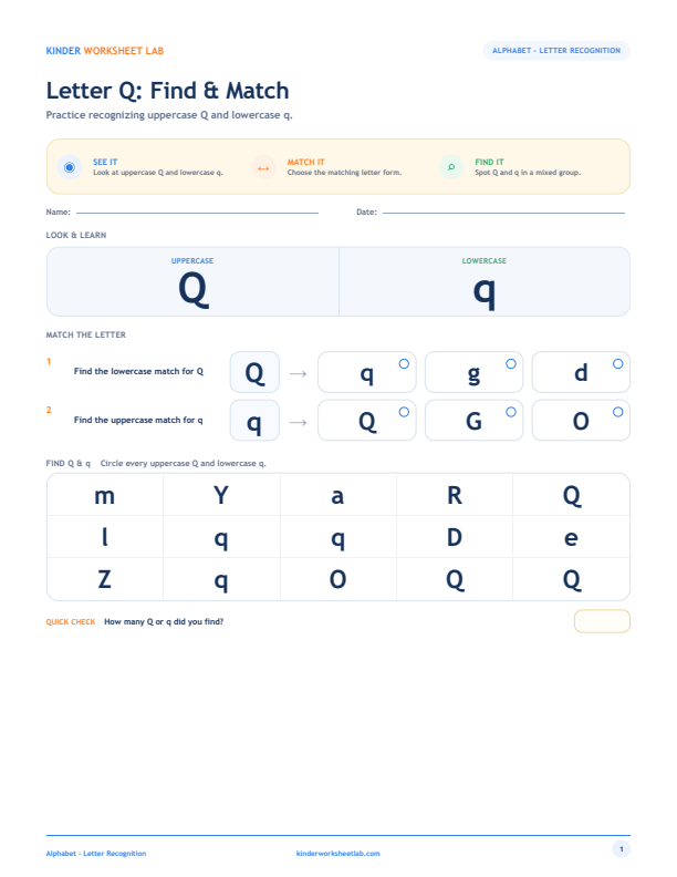 Letter Q: Find & Match worksheet preview