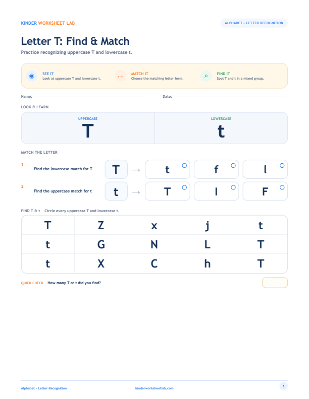 Letter T: Find & Match worksheet preview
