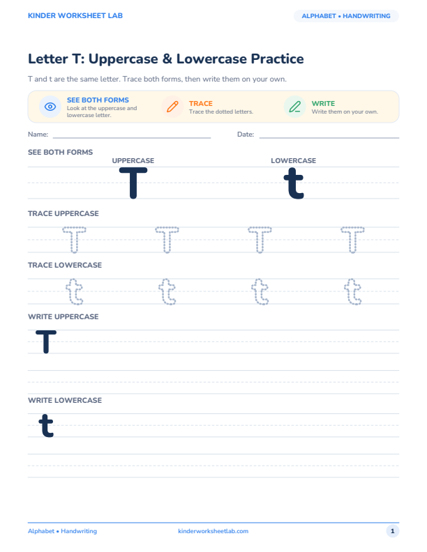 Letter T: Uppercase & Lowercase Practice worksheet preview