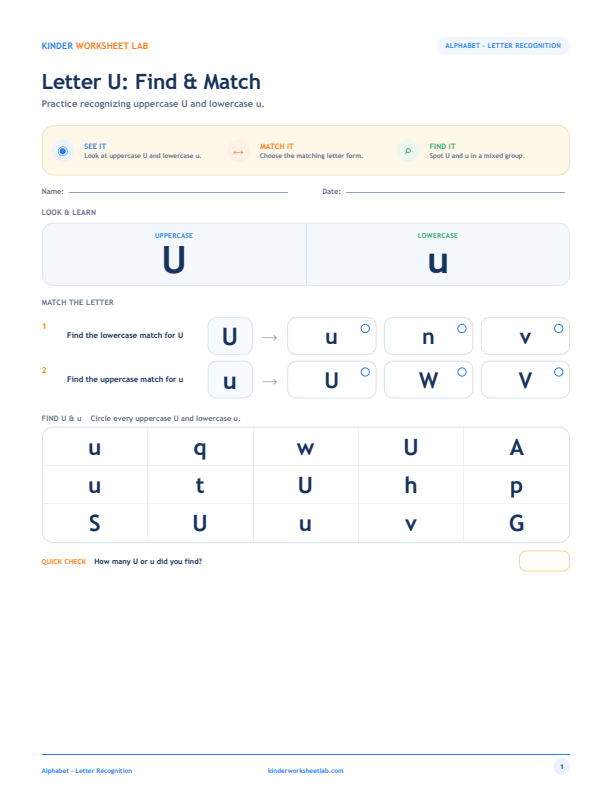 Letter U: Find & Match worksheet preview