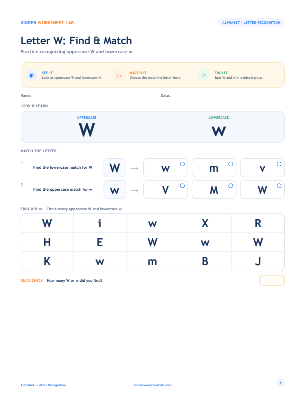 Letter W: Find & Match worksheet preview