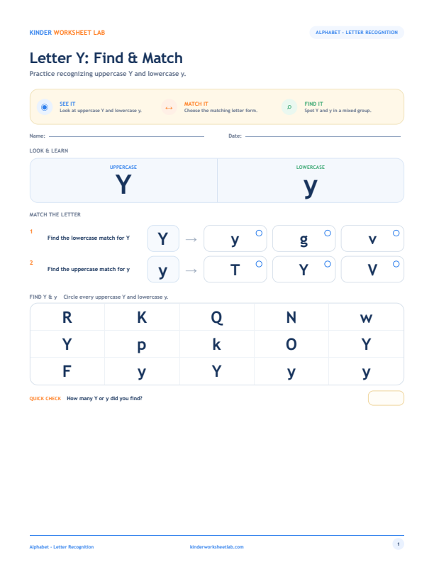 Letter Y: Find & Match worksheet preview