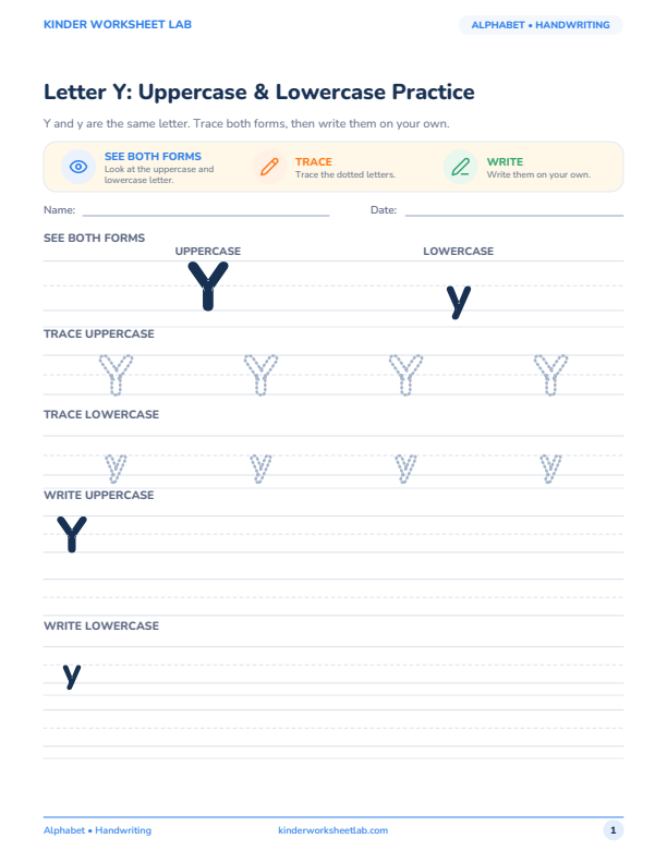 Letter Y: Uppercase & Lowercase Practice worksheet preview