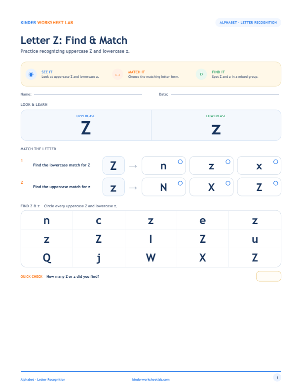 Letter Z: Find & Match worksheet preview