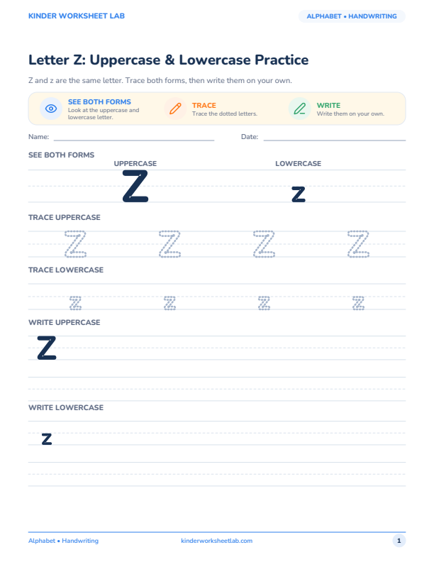 Letter Z: Uppercase & Lowercase Practice worksheet preview