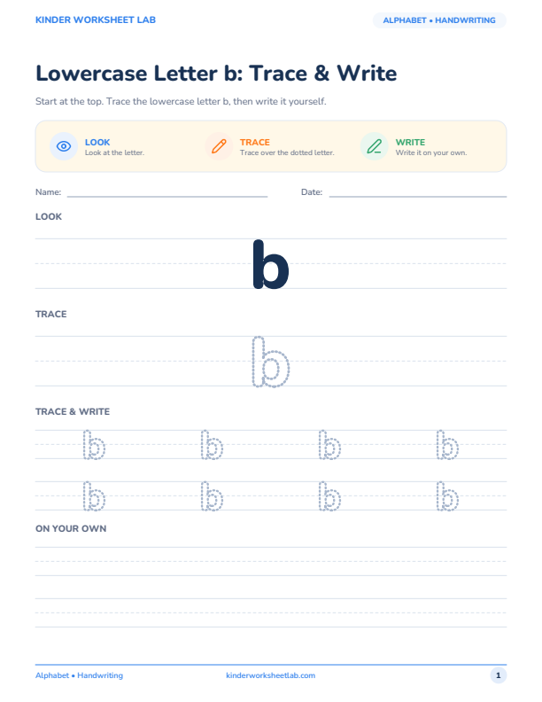 Lowercase Letter b: Trace & Write worksheet preview