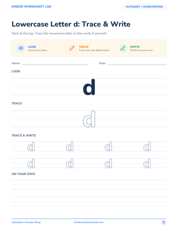Lowercase Letter d: Trace & Write worksheet preview