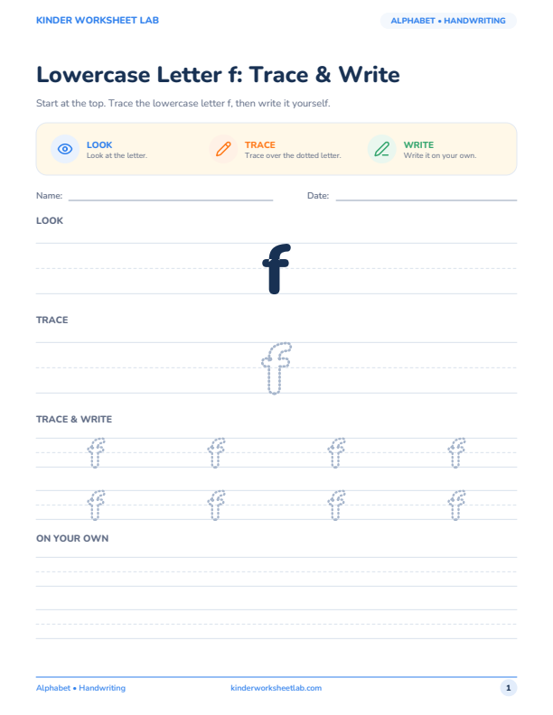 Lowercase Letter f: Trace & Write worksheet preview