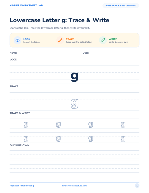 Lowercase Letter g: Trace & Write worksheet preview