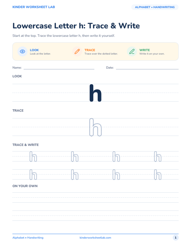 Lowercase Letter h: Trace & Write worksheet preview
