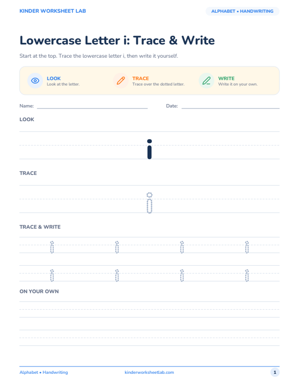 Lowercase Letter i: Trace & Write worksheet preview