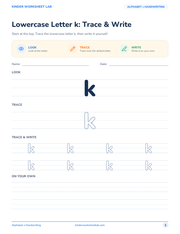 Lowercase Letter k: Trace & Write worksheet preview
