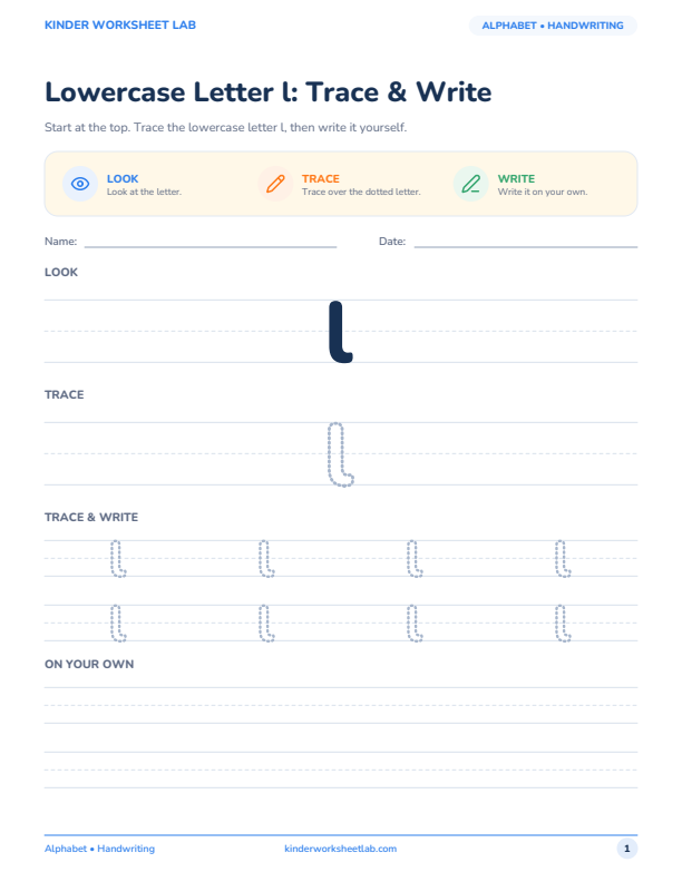 Lowercase Letter l: Trace & Write worksheet preview