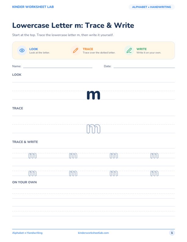 Lowercase Letter m: Trace & Write worksheet preview
