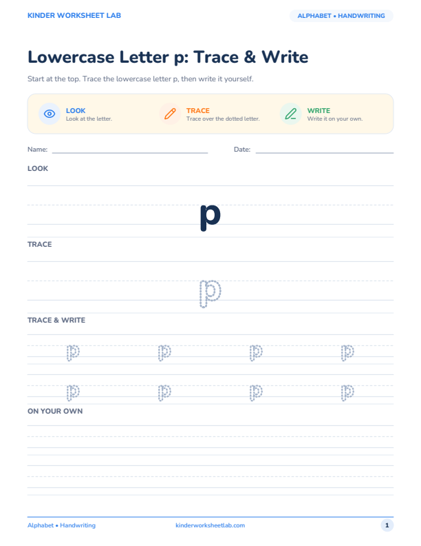 Lowercase Letter p: Trace & Write worksheet preview