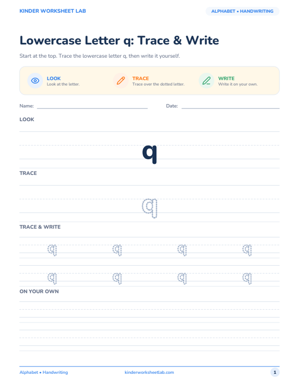 Lowercase Letter q: Trace & Write worksheet preview