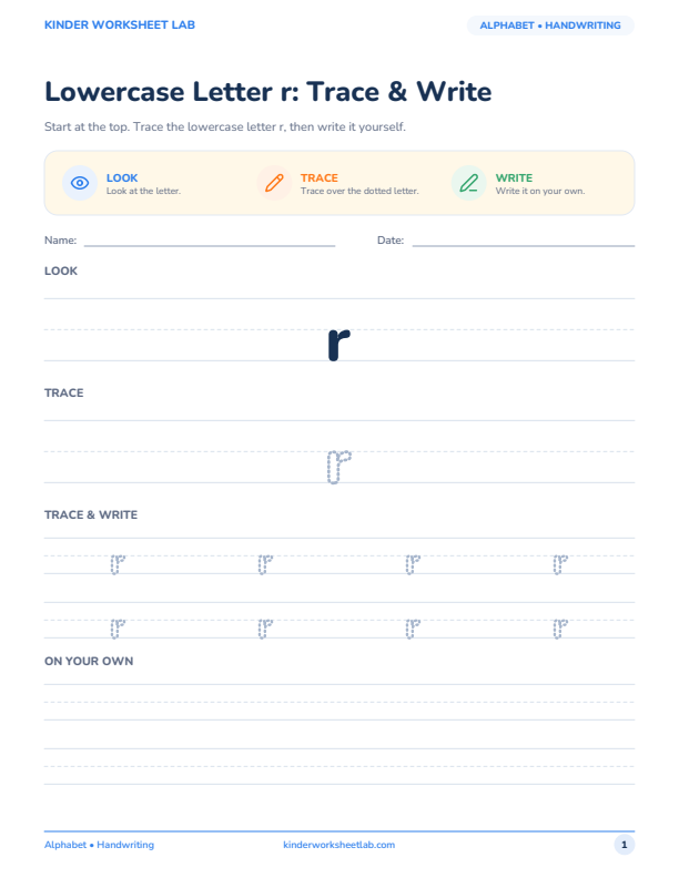 Lowercase Letter r: Trace & Write worksheet preview