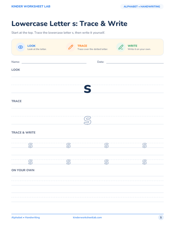 Lowercase Letter s: Trace & Write worksheet preview