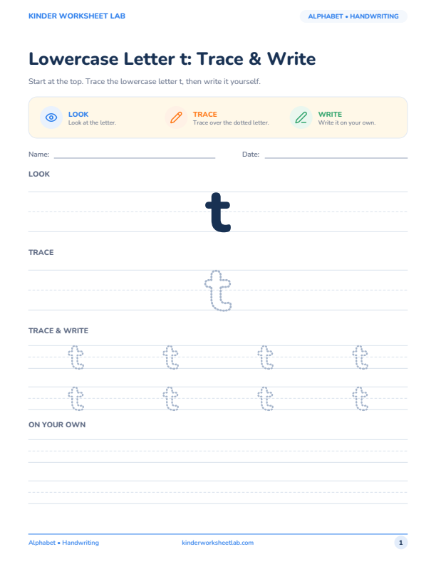 Lowercase Letter t: Trace & Write worksheet preview