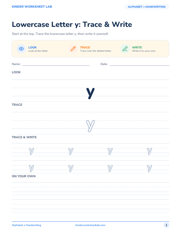 Lowercase Letter y: Trace & Write worksheet preview