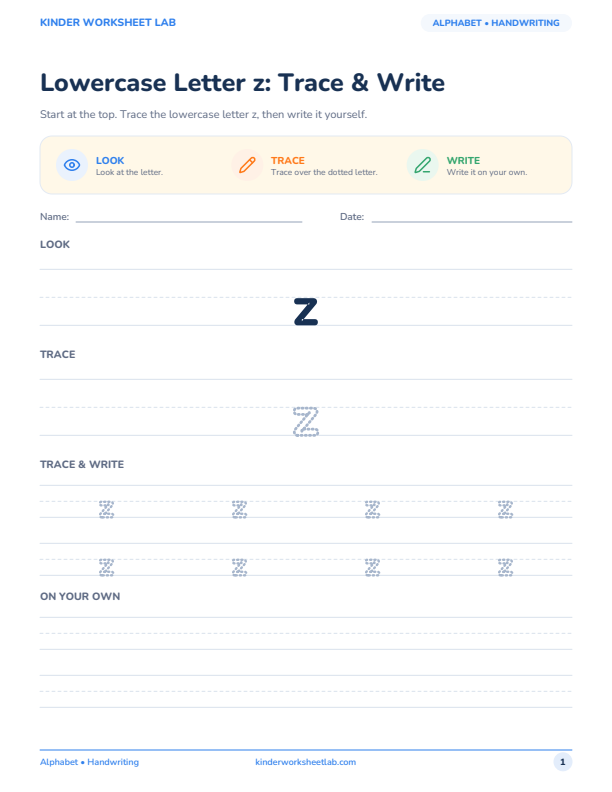 Lowercase Letter z: Trace & Write worksheet preview