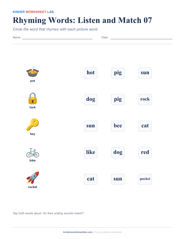 Rhyming Words: Listen and Match 07 worksheet preview
