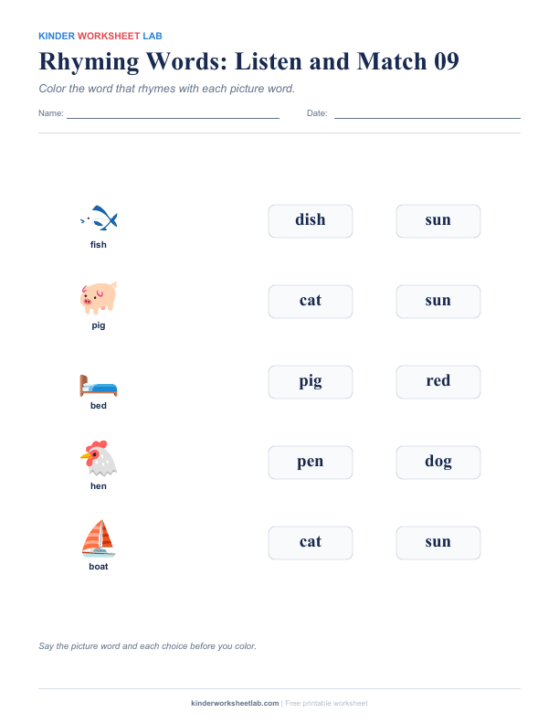 Rhyming Words: Listen and Match 09 worksheet preview
