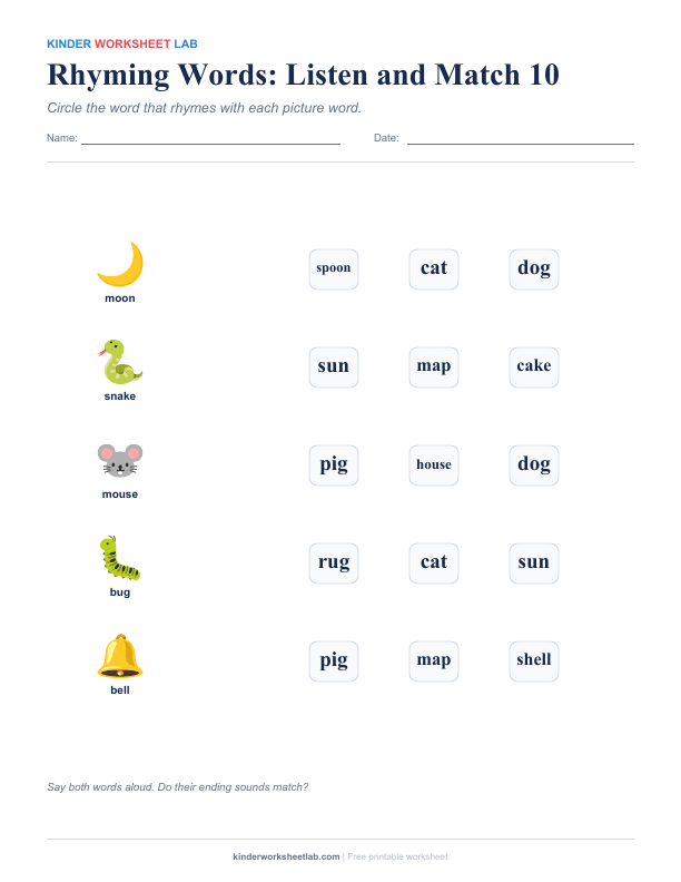 Rhyming Words: Listen and Match 10 worksheet preview