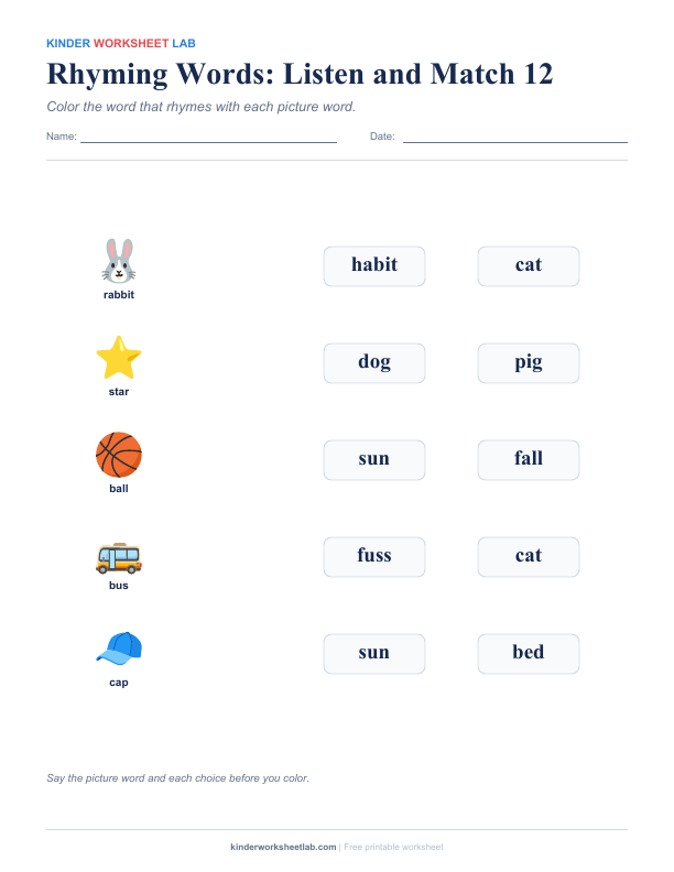 Rhyming Words: Listen and Match 12 worksheet preview
