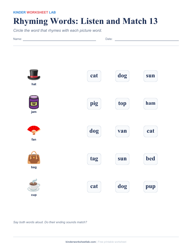 Rhyming Words: Listen and Match 13 worksheet preview
