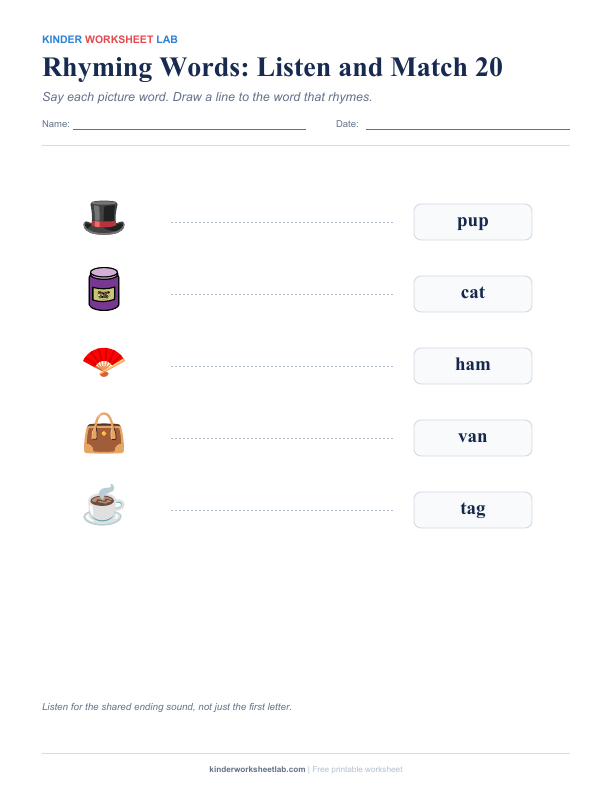Rhyming Words: Listen and Match 20 worksheet preview