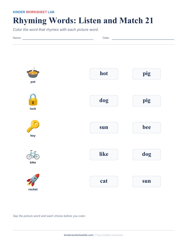 Rhyming Words: Listen and Match 21 worksheet preview