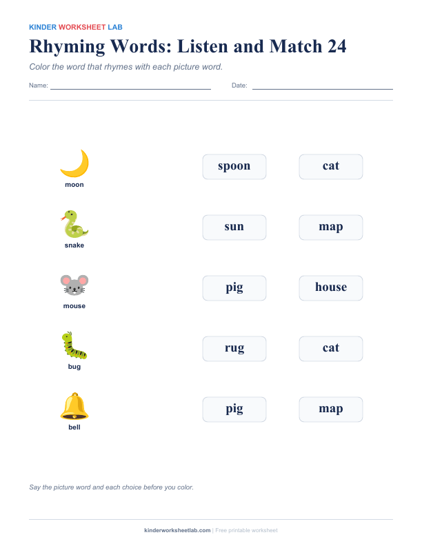 Rhyming Words: Listen and Match 24 worksheet preview
