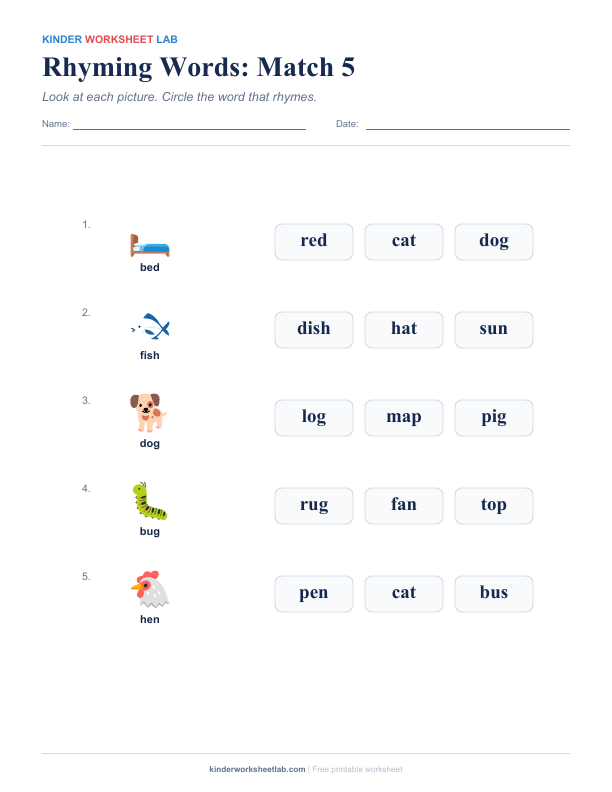 Rhyming Words: Match 5 worksheet preview