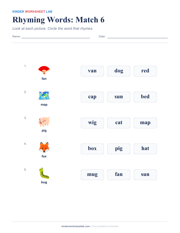 Rhyming Words: Match 6 worksheet preview