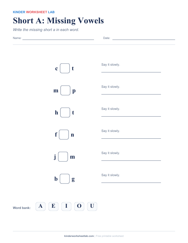 Short A: Missing Vowels worksheet preview