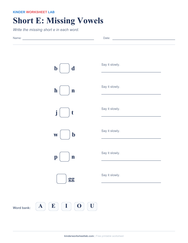 Short E: Missing Vowels worksheet preview