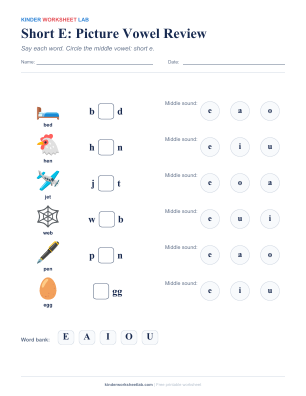 Short E: Picture Vowel Review worksheet preview